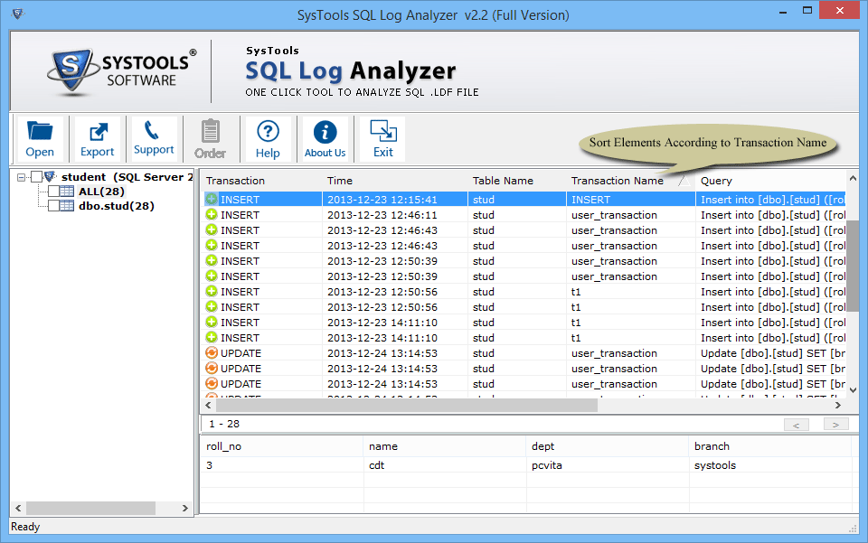 sort transactions name